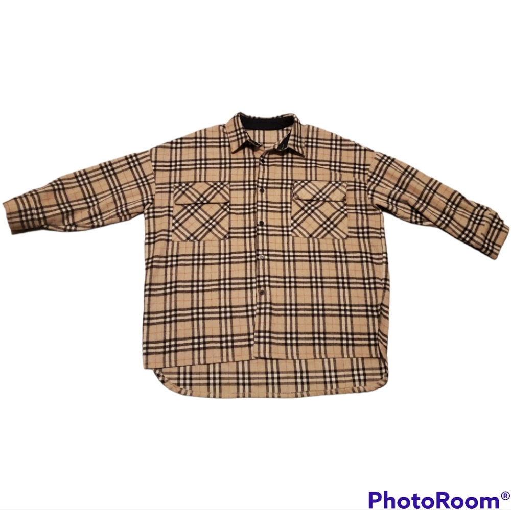 Flannel Plaid 3/4 Sleeve High Low Button Down Oversized